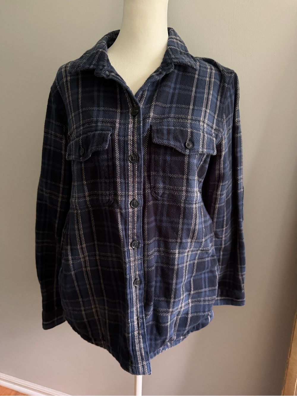 Eddie Bauer Navy Plaid Button-Down Shirt Jacket